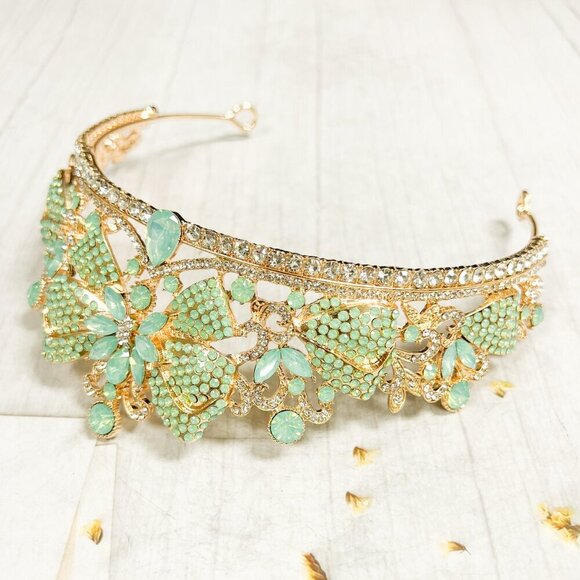 Lime Green Crown, Royal Princess Tiara, Gold Gemstone Crown, Quinceanera Tiara - Picture 7 of 10